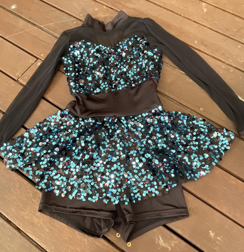 sparkly blue and black unitard with skirt